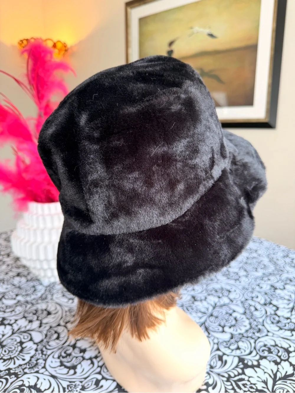 Sprigs Black Faux Fur Plush Bucket Hat Adjustable Fit